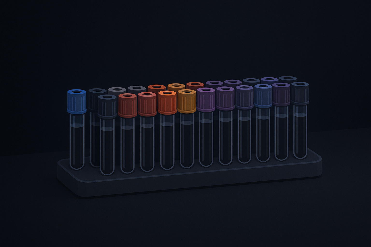A full rack of blood collection tubes — the Primal Zone Initial Assessment Panel